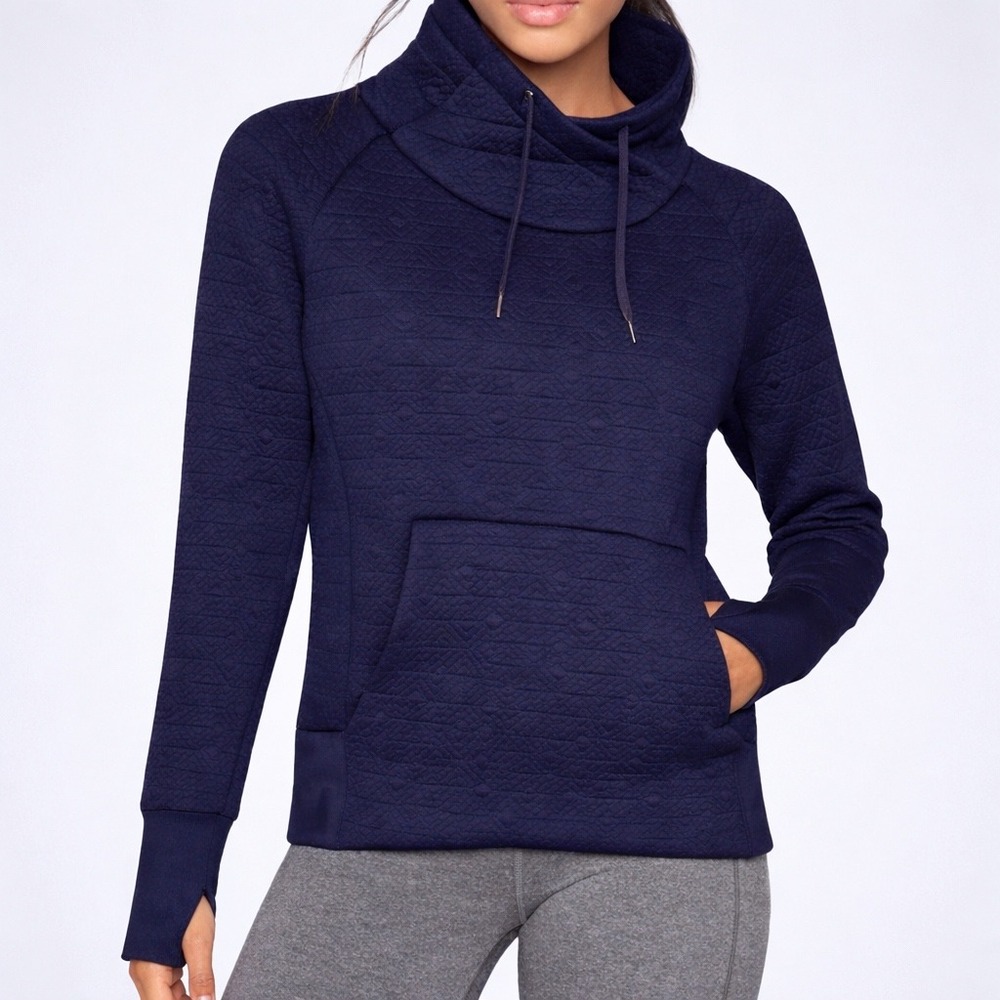 Athleta Wom. Medium‎ Navy Blue  Mock Funnel Neck pullover Thumbholes Jaquard